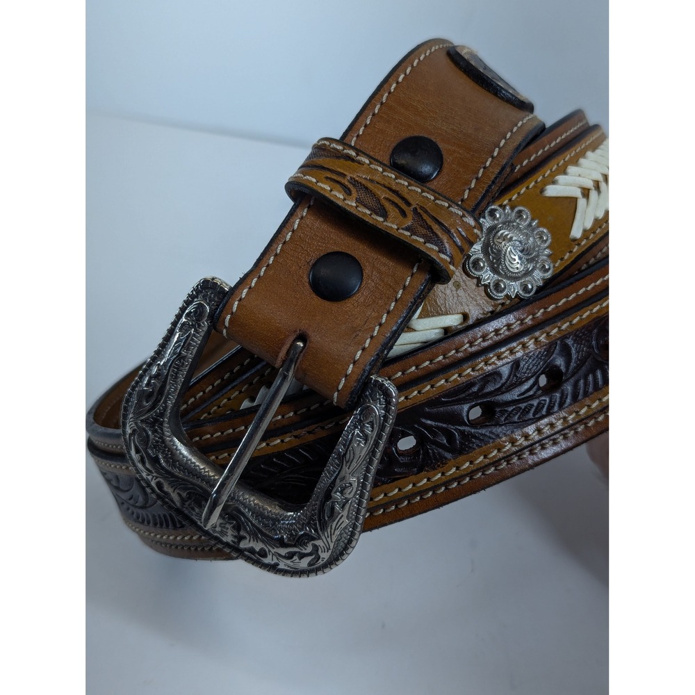 G Bar D Mens 46 Cognac Leather Cowboy Belt Whipstitch Concho Removable Buckle